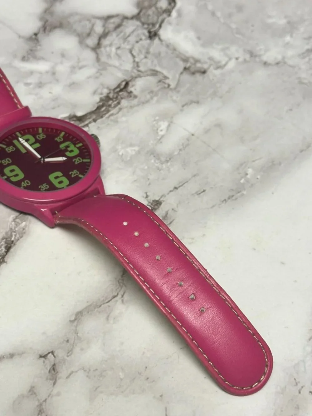 3/$30 Pink Watch Women Green Numbers Faux Leather Band Large Dial 9.5